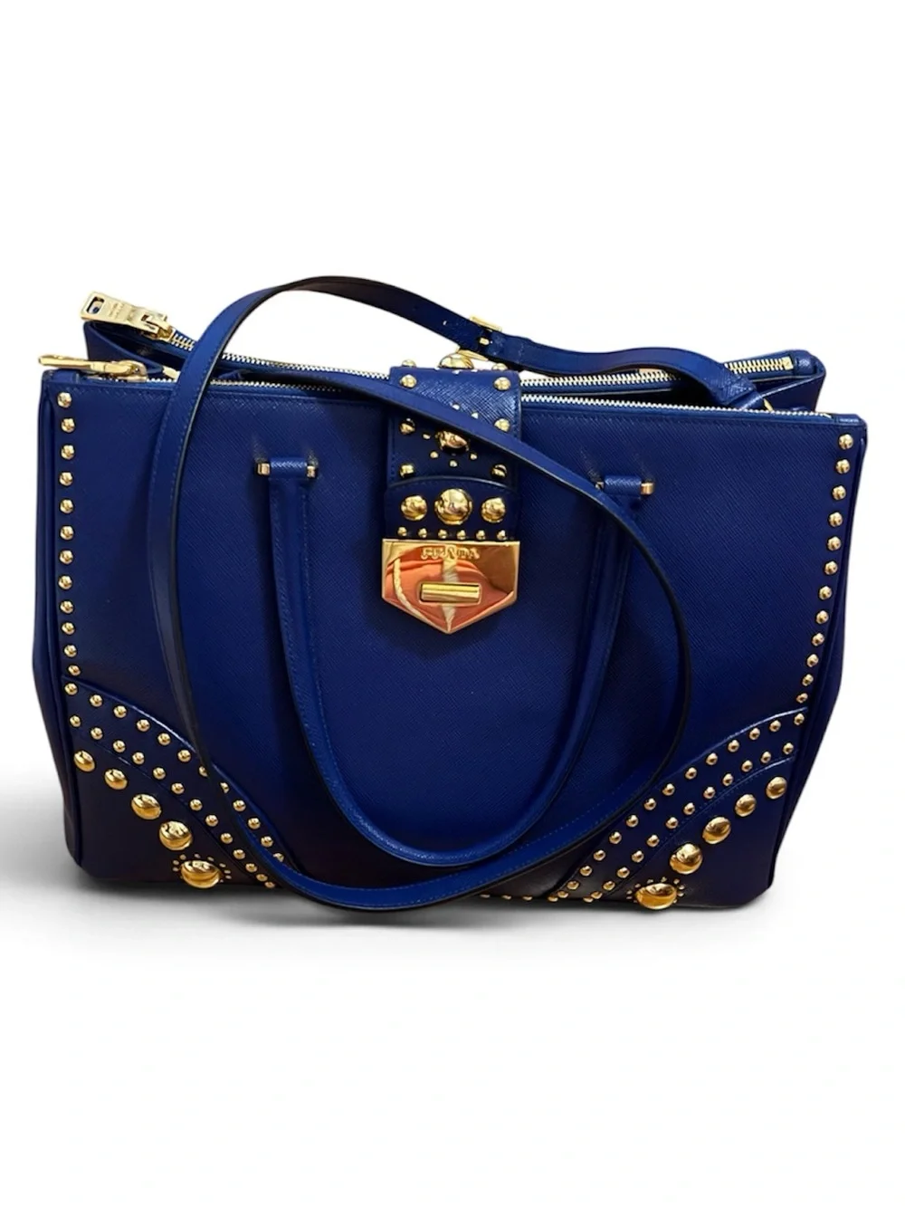 Prada Blue Saffiano Leather Studded Tote Crossbody Bag